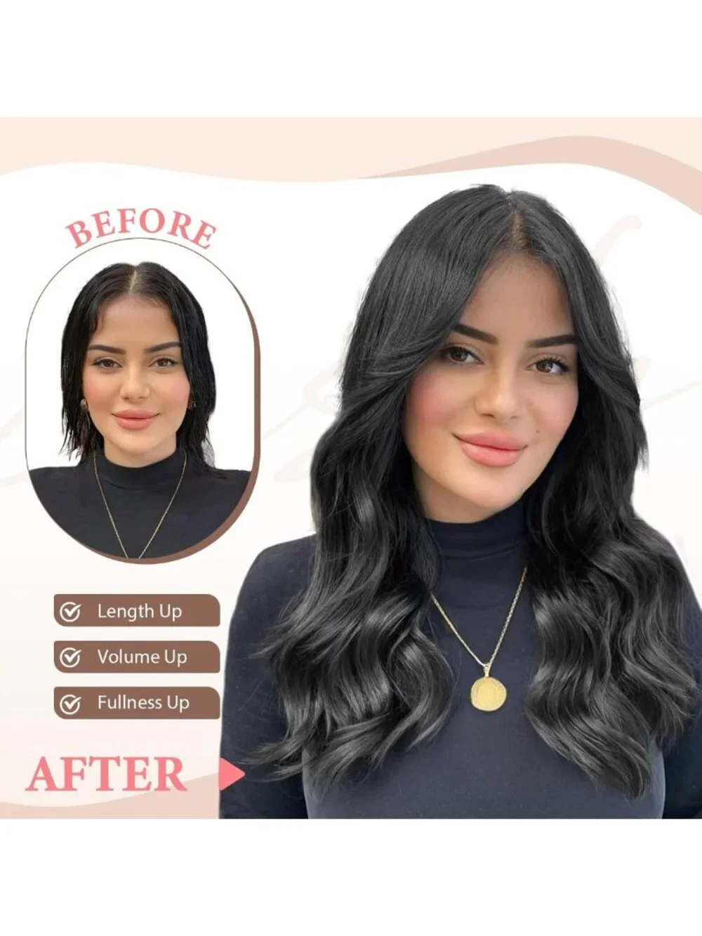 16 Inch Black Wavy Clip-In Hair Extensions - 6PCS Synthetic Hair for Volume